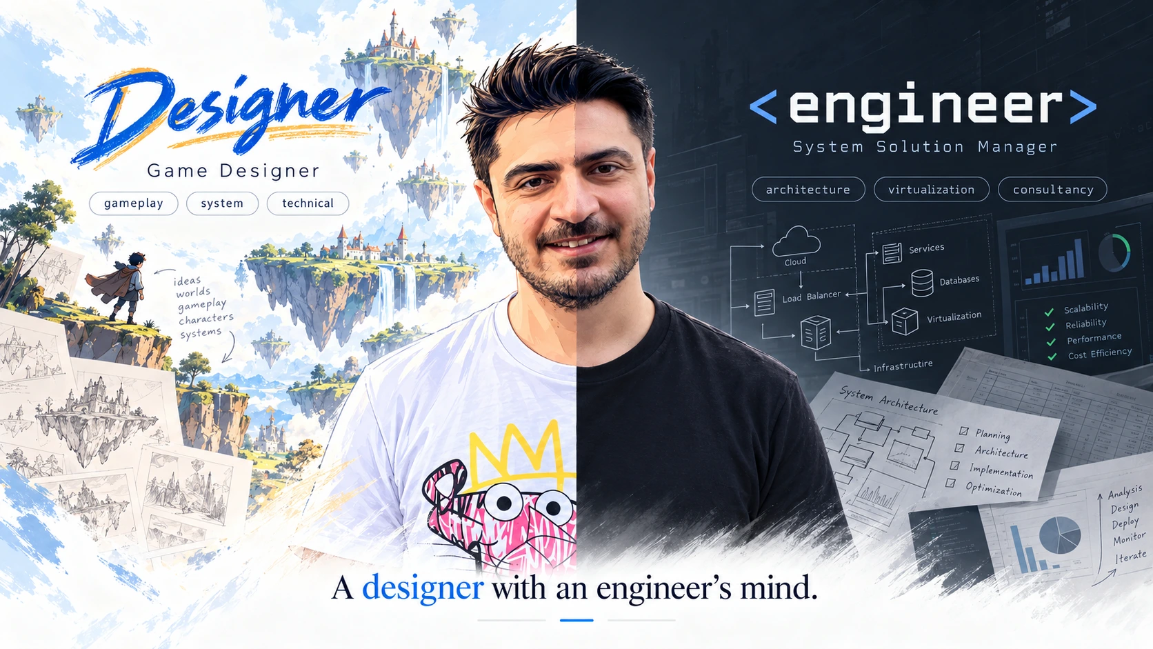 Burak Aykan between creative game worlds and engineering diagrams. Designer — Game Designer. Engineer — System Solution Manager. A designer with an engineer’s mind.