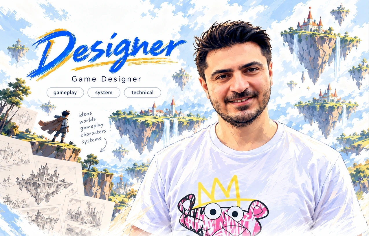 Burak Aykan in the illustrated Designer world, with floating islands and game design sketches